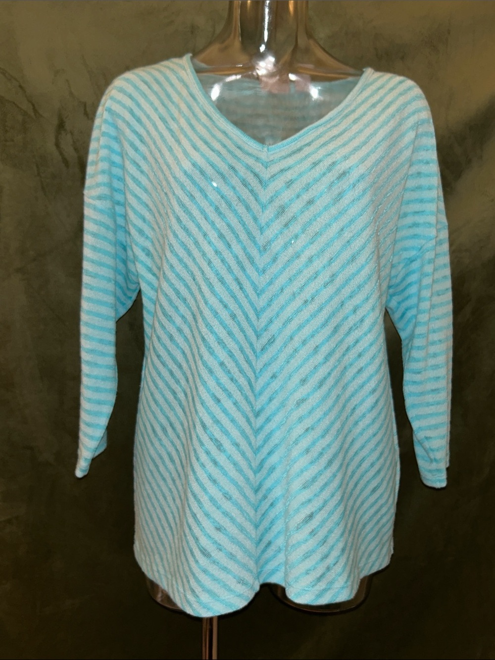 Chico's Aqua and White Striped V-Neck Knit Top